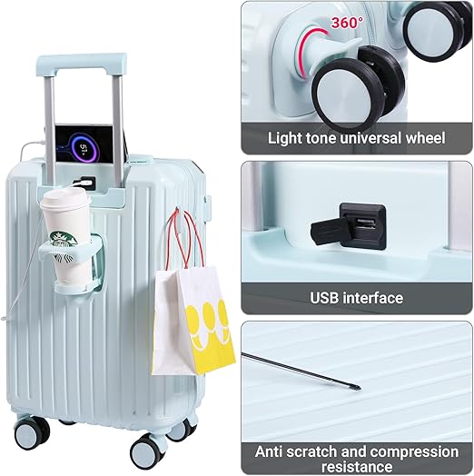 This suitcase is made of ABS+PC material, ABS material is hard and easy to brittle,  USB Charging Port, Hard Side Luggage with Spinner Wheels,