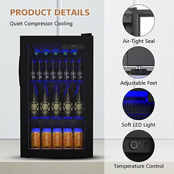 120-Can Mini Fridge 3.2 Cu.Ft Beverage Center for Beer Pop Soda w/Glass Door & Adjustable Shelving, Blue LED Light,