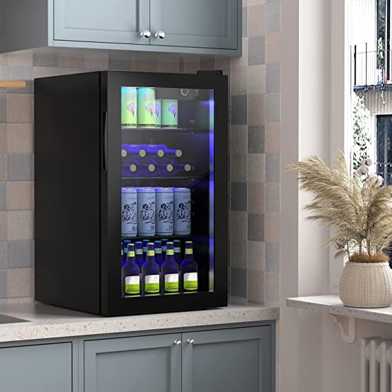 120-Can Mini Fridge 3.2 Cu.Ft Beverage Center for Beer Pop Soda w/Glass Door & Adjustable Shelving, Blue LED Light,
