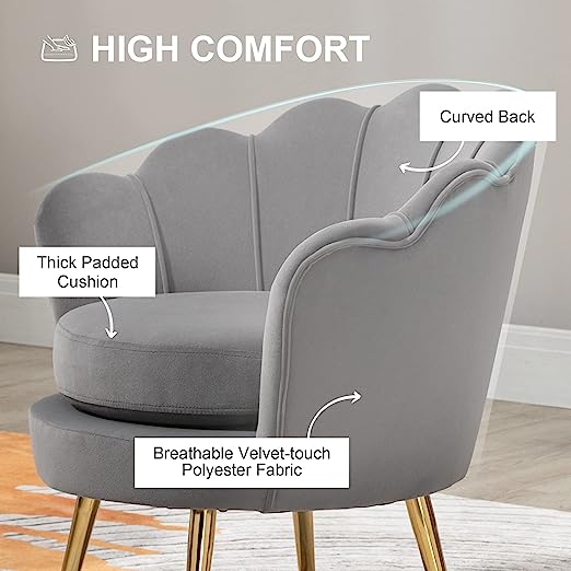 Velvet Lounge Chair in Grey with Gold Legs, Living Room Velvet Lounge Chair