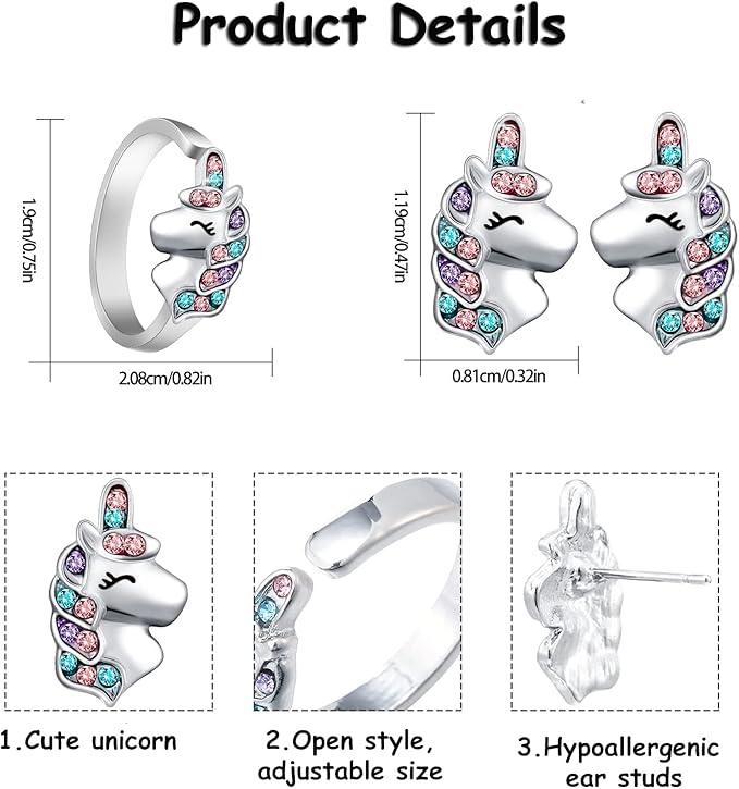 Unicorn jewelry set made of skin-safe alloy with sturdy hypoallergenic stainless steel chains, 5Pcs You are Magical Jewelry Set-Heart Pendant Bracelet Lovely Ring Unicorn