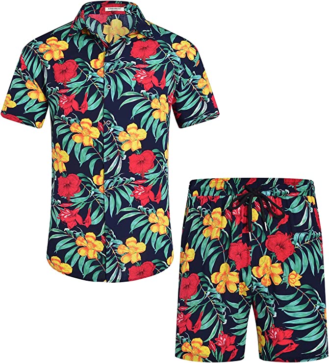 Men's Flower Button Down Hawaiian Sets Casual Short Sleeve Shirt and Shorts Suits