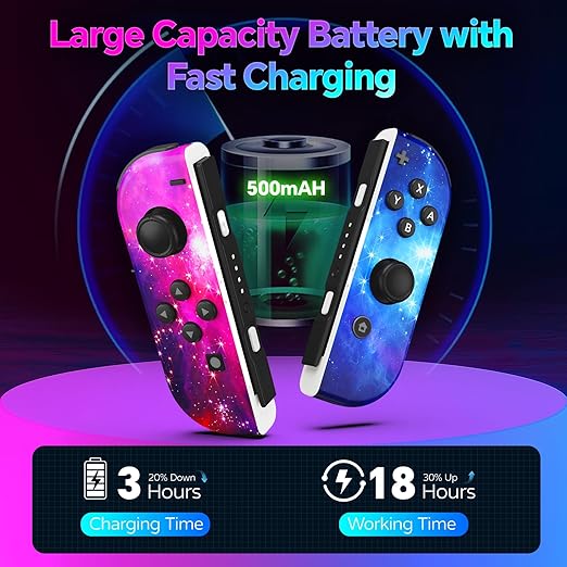 This wireless switch controller uses powerful anti-interference technology to maintain a stable connection within a 10-meter range,  Controllers Compatible with Nintendo Switch, Wireless Switch Controllers Left and Right Support Vibration/6-Axis