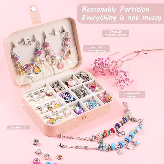 Charm Bracelet Making Kit - Girls 120 Pcs DIY Beaded Jewelry Making Kit, Portable Bracelet Organizer Box, jewelry making kit for girls come with a Large-capacity jewelry box