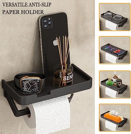 Toilet Paper Holder with Shelf Black, Adhesive Toilet Paper Holder Wall Mounted, Stainless Steel Paper Roll Holder Rustproof Tissue Roll Holder for Bathroom Washroom
