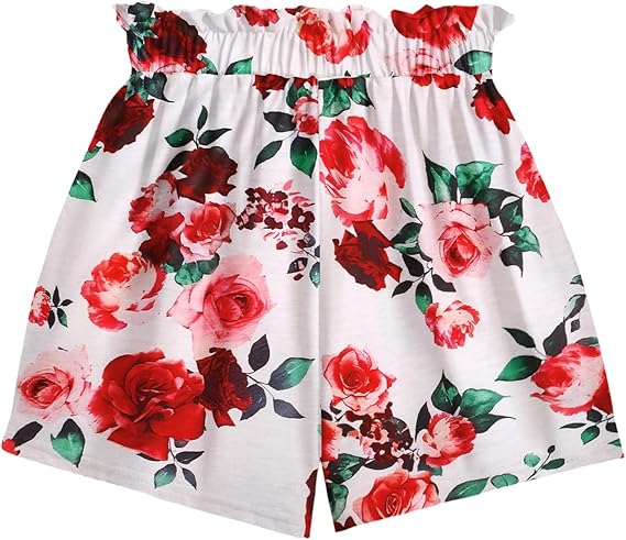 Fashional Tie knot sleeveless crop top and elastic paperbag waist shorts with striped, floral and irregular pattern, 2 Piece Outfits Tie Knot Tank Top and Paperbag Waist Pocketed Summer Short Sets