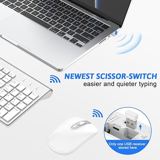 The Wireless Scissor Switch Keyboard and mini mouse boasts a slim and sleek profile, 2.4G Slim Low-Profile X-Keys Laptop Keyboard, Ergonomic Comfortable Typing, Silent Click Mice, Quiet Sleek Design for Mac, PC, Computer