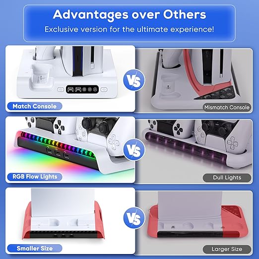 PS5 slim equipped with dual controller charging port can charge for DualSense controllers,Charging Stand with Cooling Fan for PS5 Slim Console, Dual Controller Charger Station with 9 RGB Lights & Headset Hook & 3-Level Silent Fan, Cooler Accessories