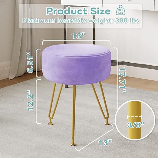 The ottoman stool measures 16.9 inch L x 12.9 inch W x 18 inchH, meaning it will fit easily into any modern room, Soft Footrest 3 Metal Legs with Anti-Slip Feet,Vanity Chair for Makeup Room,