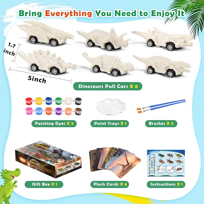 The dinosaur toys not only pull back car, but also a art and craft toys set.Dinosaurs Painting Kits for Kids Girls Age 4-12 Crafts for Kids 3-12 Dinosaur Party Favors Painting Kit for Kids