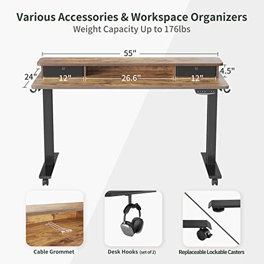 55 x 24 Inch Stand Up Table with Storage Shelf,Adjustable Electric Standing Desk with Double Drawer