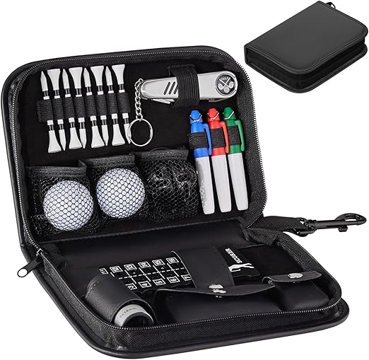 The case is made of waterproof leather,scratch-resistant and wear-resistant,Golf Accessories Kit Including Hi-End Case,Golf Balls,Golf Tees,Ball Clamp,Ball Marker & Ball Marking