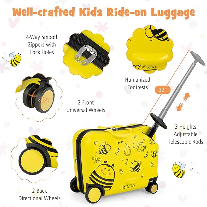 HONEY JOY kids luggage set provides 4 ways to use according to your needs. Kids can sit on suitcase when stuck in long lines, Hard Shell Carry-on Luggage, Anti-Lost Adjustable Strap, Airplane Approved, 2 Pcs Ride-on Suitcase for Girls Boys