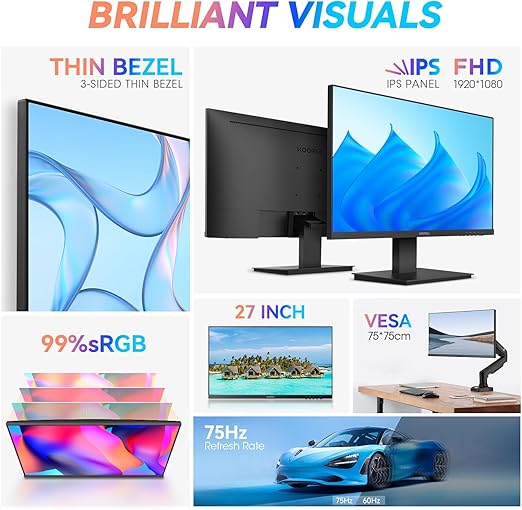 Both HDMI and VGA ports offer a refresh rate of up to 75Hz to deliver sharper action game sequences and graphics clarity for graphic design projects,  Computer Monitor, IPS Full HD(1920x1080P), 75HZ, HDMI+VGA, 99% SRGB, 5ms Response, Eye Care,