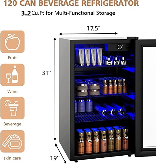 120-Can Mini Fridge 3.2 Cu.Ft Beverage Center for Beer Pop Soda w/Glass Door & Adjustable Shelving, Blue LED Light,