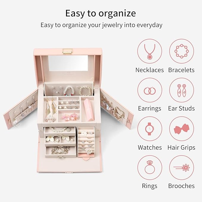 jewelry box features 3 small accessory drawers, 2 extendable necklace boards and 1 extendable ring holder,  Jewelry Box Organizer for Girls Women, Large Baroque Jewelry Storage Box with Mirror