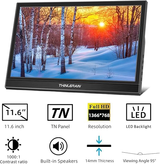 Incredibly handy, slim and lightweight features make Thinlerain Portable Monitor a perfect match for gaming, traveling and business on the go, 11.6 inch Dual HDMI Mini Laptop Monitor, 1366 x 768 TN LED Display External Monitor for Laptop and Computer