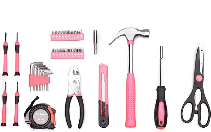 Tool Kit with Plastic Toolbox Storage Case-Pink 39-Piece Tool Set,