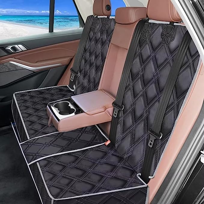 Waterproof Bench Car Seat Cover Compatible for Middle Seat Belt, Nonslip, Strong Durable Dog Seat Cover, Also built-in nonslip backing and seat anchors to prevent back seat cover from sliding around. Built-in velcro openings for your Seatbelts