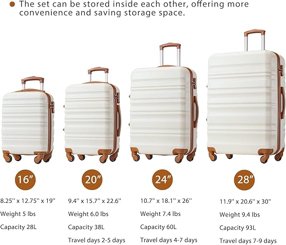 TSA Lock Spinner Wheels Luggage Carry on Suitcase 6 piece set, TSA approved combination lock makes your belongings secured and organized in the luggage.