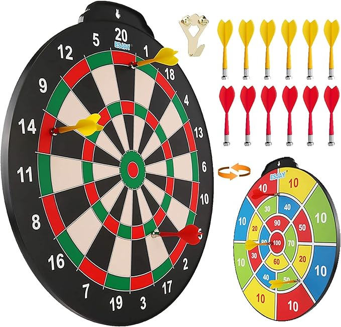 spin around to play an unique kid darts game with colorful graphic on the other side, Dart Board Set for Kids, Indoor Outdoor Game Dart Game with 12 Darts,