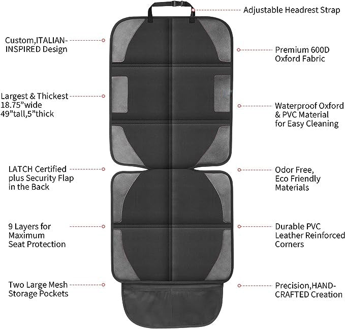 Seat Protector 2 Pack The Car Seat organizer has 2 large boxes and mesh pockets for toys, diapers, and smaller items. It’s also collapsible! Fold it into a small square in seconds,and it is completely non-slip.