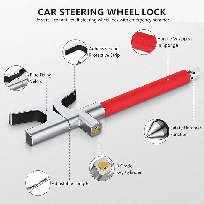 Car Lock, Anti-Theft Car Accessories with 3keys- Car Lock Anti-Theft, Universal Fits Steering Wheel Locks for Car