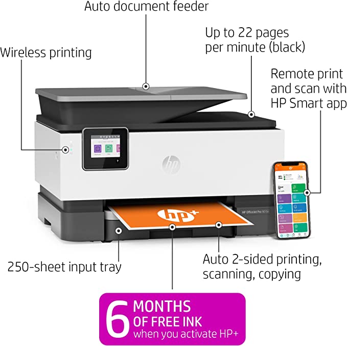 HP OfficeJet Pro 9015e , 6 Months Free Instant Ink with HP, All-in-One Wireless Color Printer for Home Office