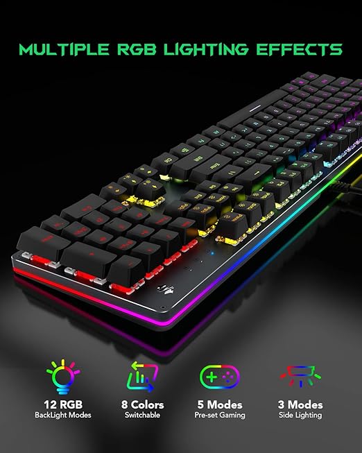 The Black Shark mechanical red switches deliver accurate and responsive key commands with linear quiet click sound, RGB Mechanical Gaming Keyboard LED Backlit Wired Keyboard with Red Switches, Full Anti-Ghosting 104 Keys