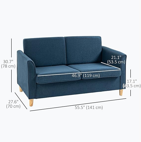 Equipped with two generously sized seat cushions and two plush back cushions,  Loveseat Sofa, Upholstered 2-Seater Couch with Armrests and Wooden Legs for Living Room