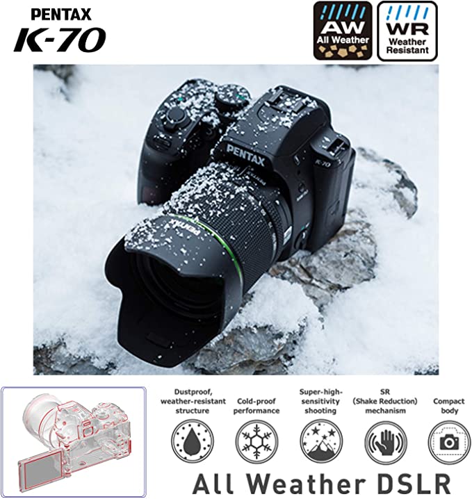 Pentax 16243 K-70 Black Body Only, All Weather DSLR Camera: 24.2MP High-Performance Image Sensor, Optical viewfinder with 100%, 4.5 Steps Shake Reduction high Sensitivity ISO102400 Vari-Angle LCD Monitor