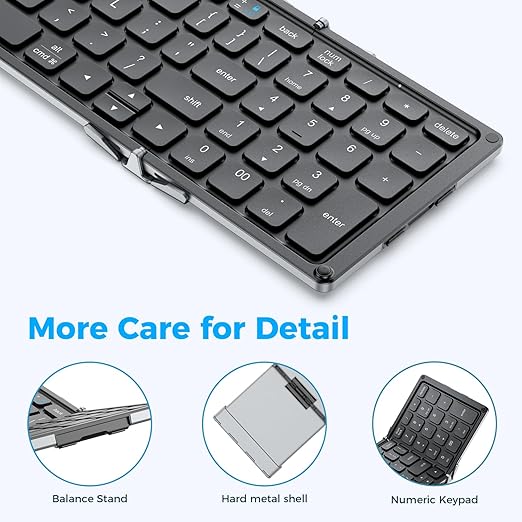 The balance stand detail ensures stability while typing.Foldable Keyboard with Number Pad, BK09 Wireless Portable Keyboard for Travel and Business Trip, USB-C Charging Compact Keyboard for iPad