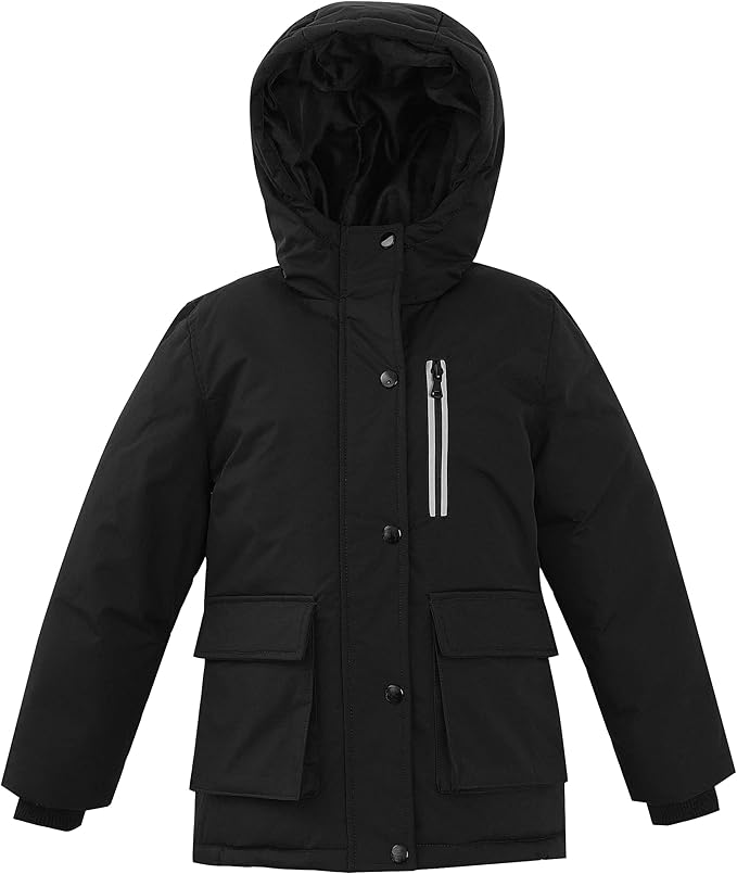 Kids waterproof jacket features a reflective strip for safety, zippered pockets for storage, windproof elastic cuffs for warm, smooth waterproof zippers, a big hood that protect your child from rain