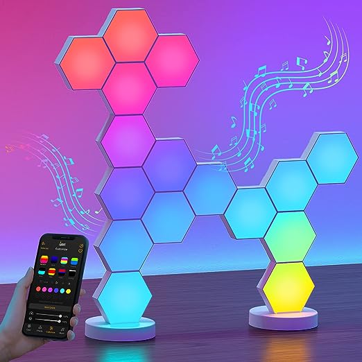 16 PCS Hexagon Lights, Smart App Control RGB Hexagon LED Lights for Wall or Desktop with Music Sync for Gaming