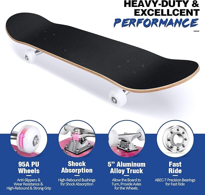 5A-grade tough 7-layer maple wood, Selected high-quality maple, excellent workmanship, Complete Skate Board Maple Wood for Beginners