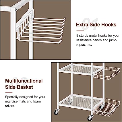 Home Gym Storage Rack with Hooks and Wheels and  Workout Equipment Storage Rack Cart