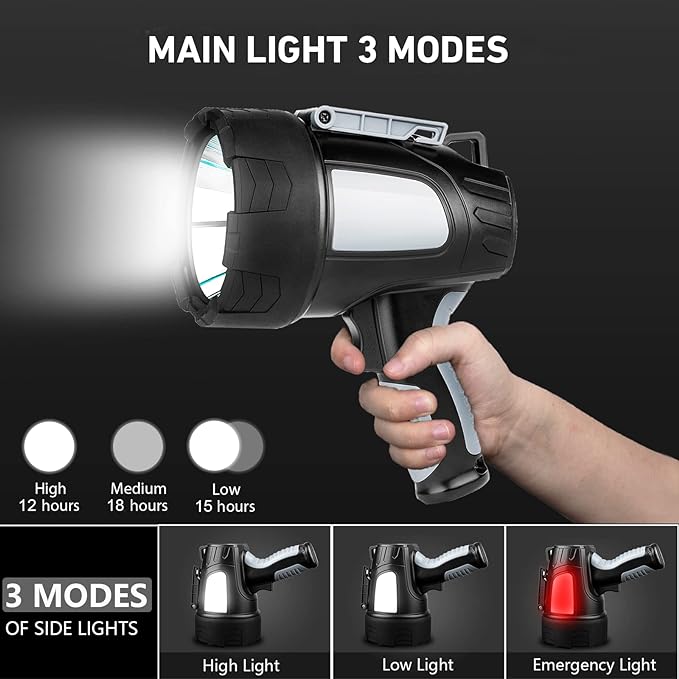 6 Modes Waterproof Handheld the high output is up to 1000,000 lumens, large-area irradiation, and Irradiation distance of up to 1500 meters.1000,000 Lumens Led Spotlight Flashlight with Cob Light and Foldable Tripod,