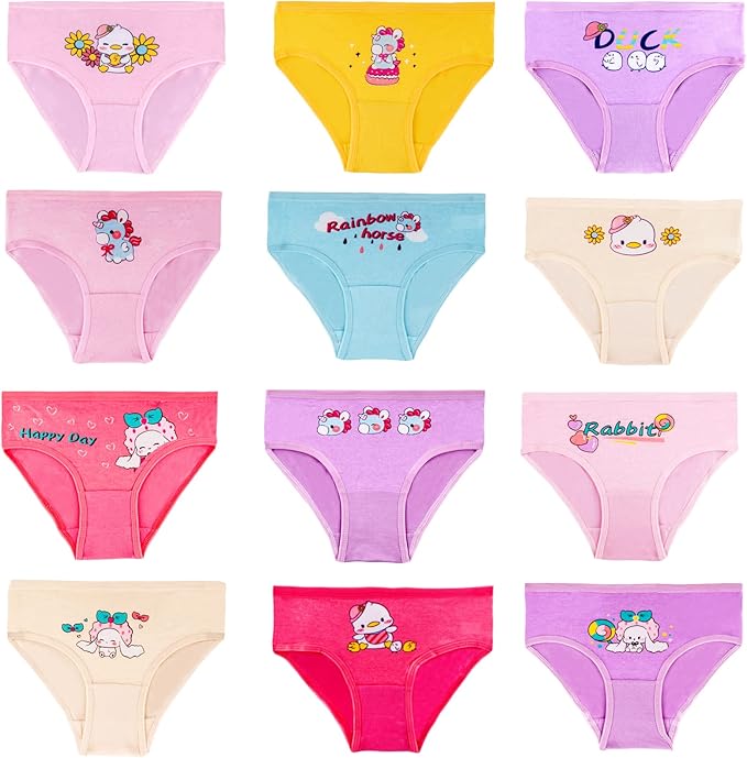 12 Packs The meterial of the Girls Panties: It 's soft and comfy, extra strength and durability, non-slip and painless.Thread does not stick, Cotton Underwear with 12 Packs Panties Assorted Briefs