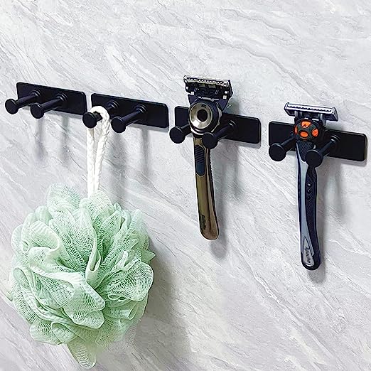 Self Adhesive Hooks for Hanging, Waterproof Towel Hook for Bathroom, Black Wall Hanger for Shower, Coat, Door, Robe, Sticky and Heavy Duty, 4-Pack