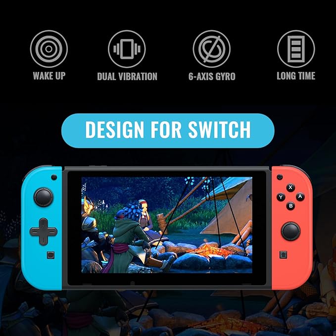 Switch joypad support wake up function and built-in 6-axis gyro. Switch L/R Controller Compatible for Switch/Lite/OLED, Wireless Switch Controller L/R with Wrist Strap (Blue and Red)