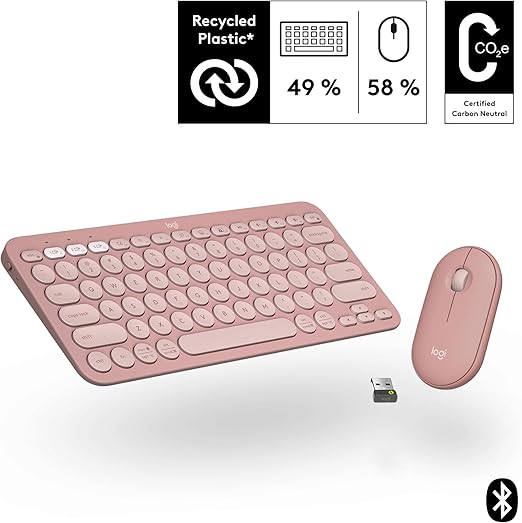 This ultra-slim and portable mouse and keyboard combo – made with recycled plastic, Wireless Keyboard and Mouse, Quiet and Portable, Customizable, Bolt, Bluetooth, Easy-Switch for Windows, macOS, iPadOS, Chrome - T