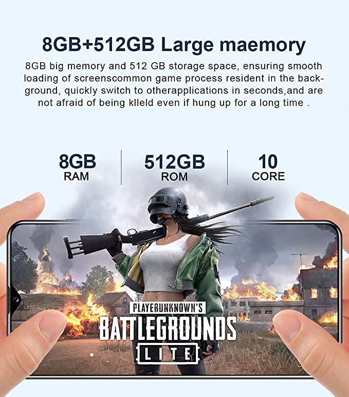 2021 New Smartphones Android Phone 6.8in Cell Phone Dual Sim 8+512ram Dual Sim Phone Mobile Phone Support 4G and 5G Networks (White)