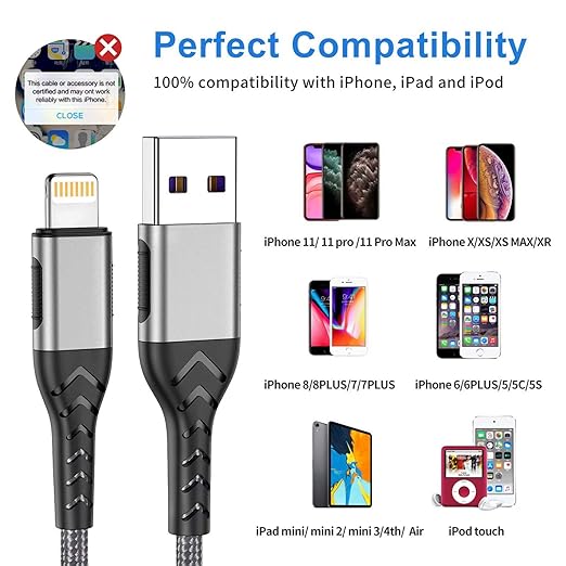 Reinforced charger cable with strong SR joint design that have passed 25000+ times bending tests for extra protection and durability, Cable for Long Lightning Charger Cable, Fast iPhone Charging Cord for iPhone Xs Max/XS/XR/X/8/7/6S/6/Plus/SE/iPad