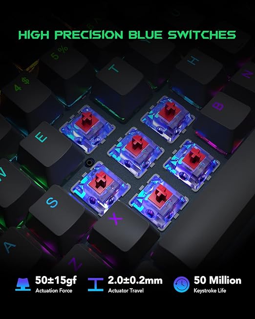 The Black Shark mechanical red switches deliver accurate and responsive key commands with linear quiet click sound, RGB Mechanical Gaming Keyboard LED Backlit Wired Keyboard with Red Switches, Full Anti-Ghosting 104 Keys