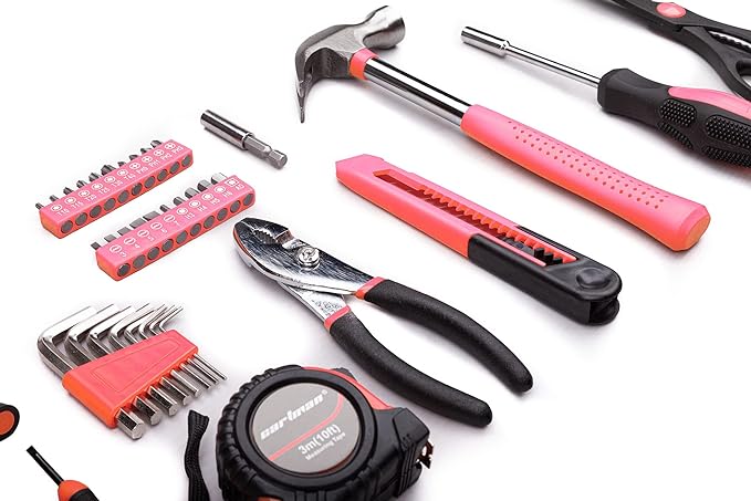 Tool Kit with Plastic Toolbox Storage Case-Pink 39-Piece Tool Set,