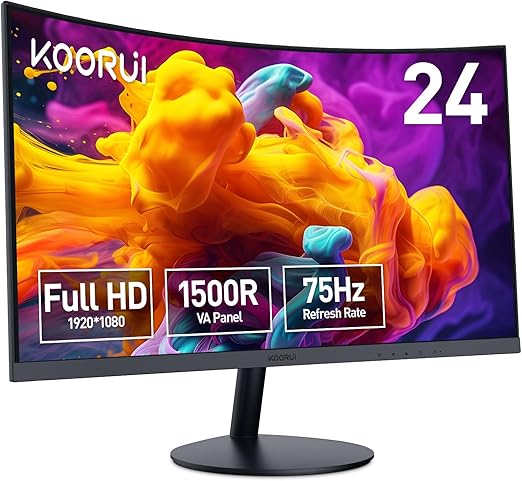 24 inch Curved Monitor, Full HD 1080P Curved Computer Monitor, immersive experience. The 24 inch class (23.6‘’ viewable) monitor delivers crisp Full HD 1920x1080 visuals. 1500R, 75Hz Monitor, HDMI VGA, Tilt Adjustment, LCD Monitor, Eye Care