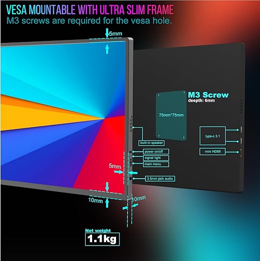 304mm*195mm*10mm),monitor N.W 1142g; whole package G.W 2.36KG, 18.5 inch Portable Monitor Upgraded- 100% sRGB 1080p CNC Frame, Compatible with USB 3.0 Phone Computers and Gaming Devices