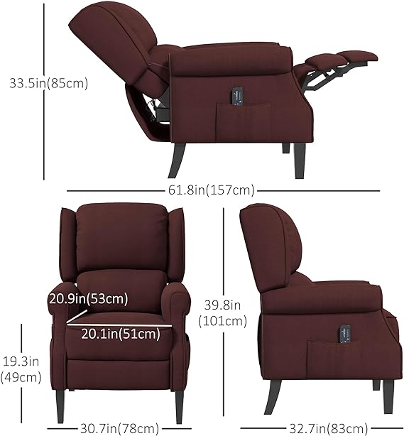 Remote Control, Side Pockets Chair, Massage Recliner Chair for Living Room, Push Back Recliner Sofa, Wingback Reclining Chair