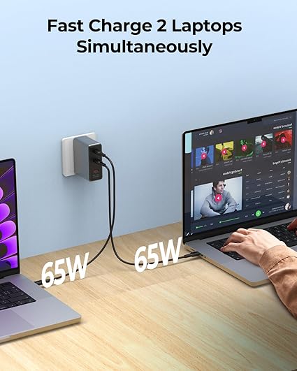 Two PD3.1 USB-C ports and one USB-A port allow simultaneous charging of two 14-inch laptops and a cell phone. Ideal for tech enthusiasts managing multiple devices. 140W USB C Charger, PD3.1 PPS 3-Port Fast GaN III Laptop Wall Charger
