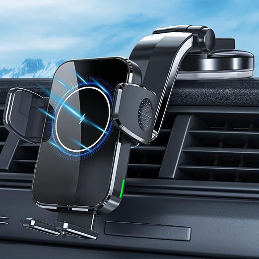 The car mount phone holder wireless charger allows you to easily switch the phone from vertical to horizontal.  Windshield Dashboard Car Phone Mount Compatible with iPhone 14/13/12/11/Pro Max Xs,